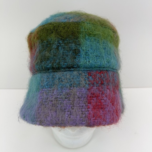 WOMEN\'S Mohair Bucket Hat Handmade OSFM Soft Rainbow Plaid Satin Lined Fuzzy Hat